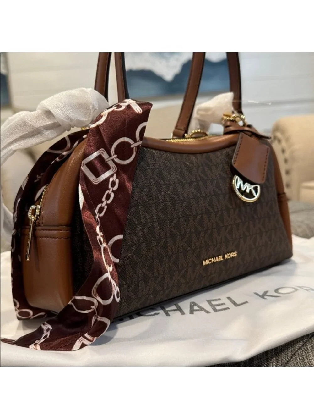 Michael Kors Bag Jet Set Signature Brown Leather Satchel Crossbody